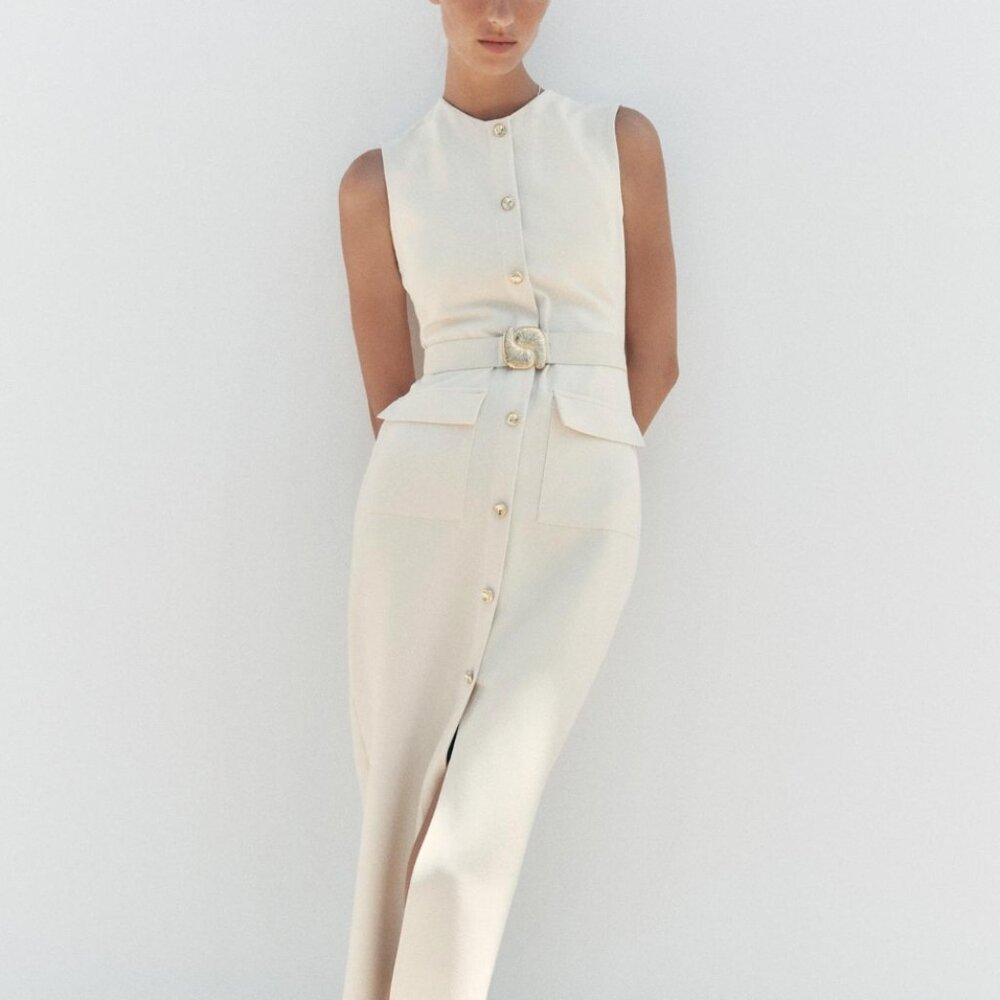 Zara BELTED CREPE MIDI DRESS